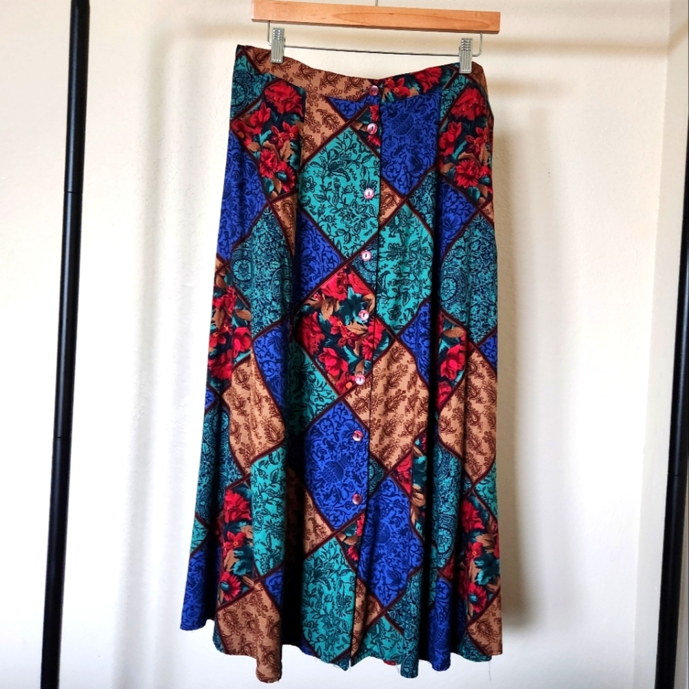 Vintage A-Line Colorful Fit and Flare High Rise Midi Button Down Skirt Sz L